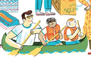 Illustration of 8 students in their summer jobs.